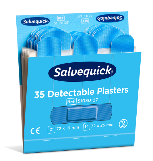 Salvequick Blue Detectable Plastic Plasters, 35 per refill, 6 refills per box