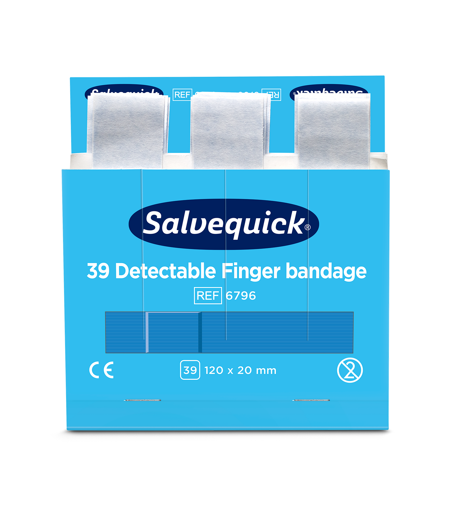 Salvequick Blue Detectable Fingertip Plasters, 39 per refill, 6 refills per box
