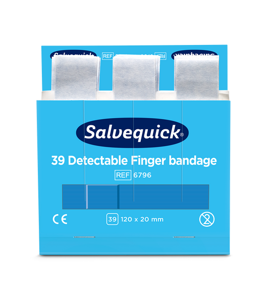 Salvequick Blue Detectable Fingertip Plasters, 39 per refill, 6 refills per box